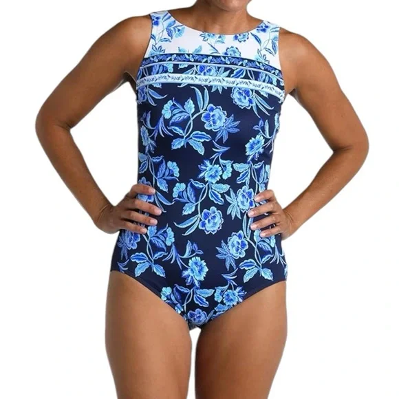 MAXINE OF HOLLYWOOD modest tummy control full neck maillot one piece swimsuit - Picture 1 of 8